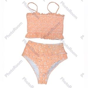 High waisted peach with white flower swimsuit set